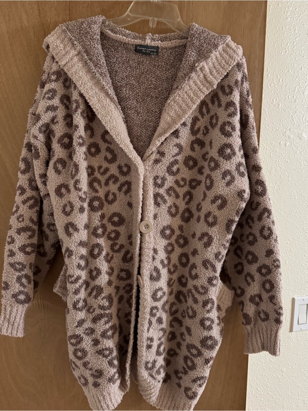 Cozy Leopard-Print Hooded Cardigan Sweater - Taupe